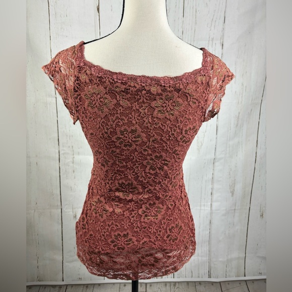 Vintage Ann Ferriday Top Floral Mixed Lace Tie Front Victorian Style Brick Red - Picture 2 of 6